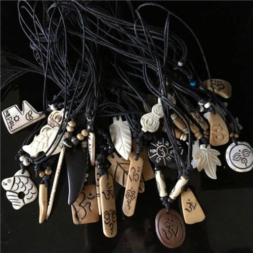 Best Wholesale Yak Bone Carved Amulet Pendants With Ajustable Rope Chain for Man 50pcs lot Free Ship From Tibet
