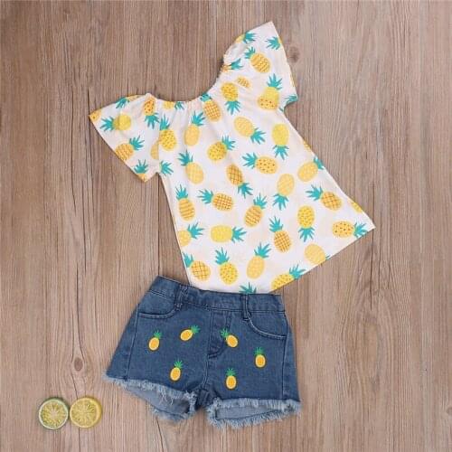 2020 Fashion Toddler Kid Baby Girls Clothes Sets Pineapple Print Short Sleeve T Shirts Tops Denim Shorts Outfits 2PCS
