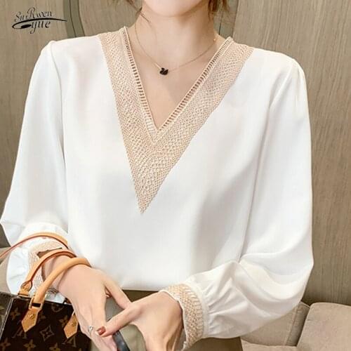 2021 Autumn Elegant Lace Stitching Chiffon Shirt Long-sleeve Solid Gentle V-neck Satin Blouse Beauty Fashion Simple Blouse 16134
