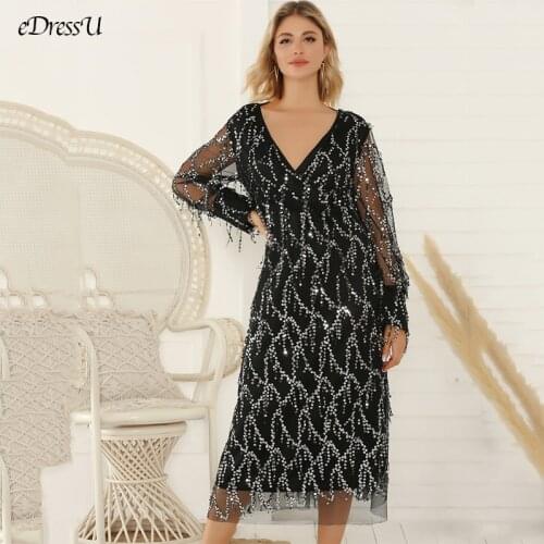 Glitter Women Evening Party Dress Long Sleeves Elegant Dress Teal Length Tassel Dress Vestido de Fiesta A-line Dress YSM-5250