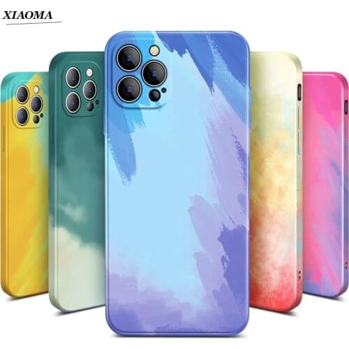 Luxury Watercolor Painting Soft liquid Silicone Square Case For iPhone 12 11 Pro Max Mini iPhone SE 2020 X XS XR 7 8 Plus Cover