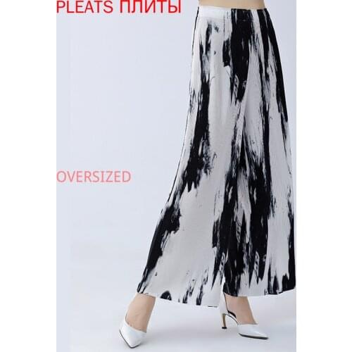 Drape Black and White High Waist Pendant Feeling Wide Leg Pants Show Thin Miyake Spring and Autumn Ink Printing Casual Straight