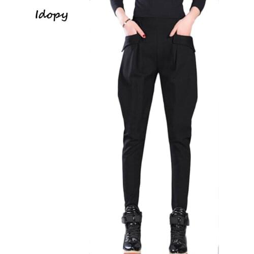Idopy Fashion Womens Black Harem Pants Pockets Loose Fit High Waist Basic Cute Trousers For Female Plus Size