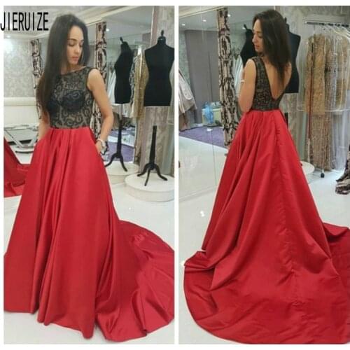 JIERUIZE Black And Red Evening Dresses Scoop Neck Backless Long A line Prom Gowns Lace Formal Dress robe de soiree