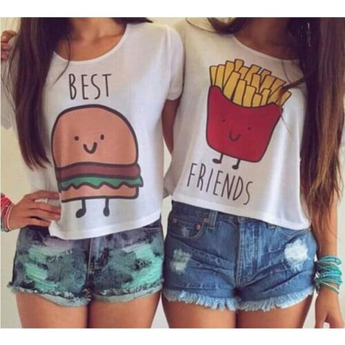 Kalenmos Women T-shirt Burger Fries Cartoon Letter Print Round Neck Summer Short-sleeved T Shirt Best Friend Loose Sister Outfit