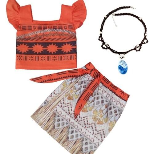 Girls Princess Moana Costume Vaiana Sling Dress Girl Set Clothes with Necklace Cosplay Halloween Costumes Girls Dress Moana Suit