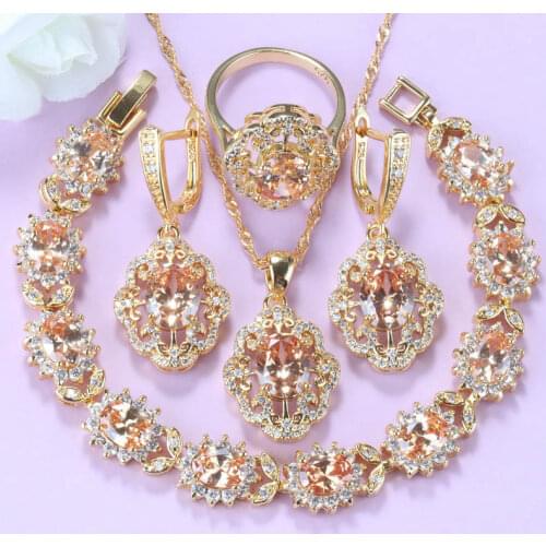 Vintage Fashion Costume Champagne Cubic Zirconia Flower Jewelry Sets For Women Gold-Colors Bridal Sets