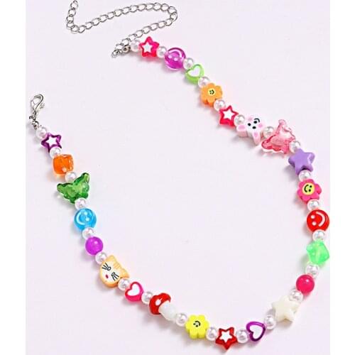 90s Aesthetic Heart Star Flower Smiley Mushroom Necklace For Women Pearl Animal Cat Butterfly Necklace Y2K Jewelry Gifts New