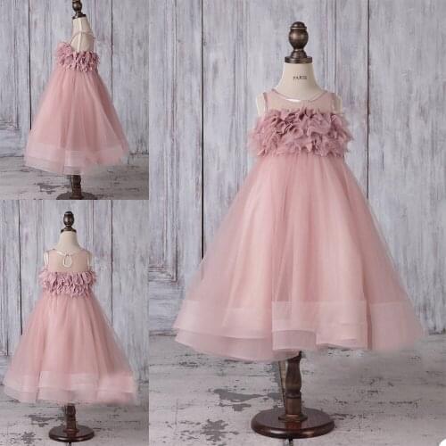 Blush Pink Flower Girl Dresses for Wedding Hot Sheer O Neck Tiered Ruffles Kids Pageant Party Birthday Gown for Girls