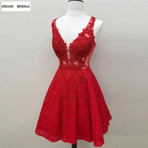 Sexy Deep V-Neck Cocktail Party Dresses Red Beading Lace Vestidos Coctel 2019 Knee-Length Sweetheart Vestido Cocktal