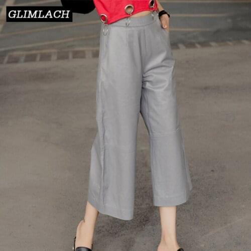 Gray Women Baggy Real Leather Trousers High Quality Sheepskin Loose Genuine Leather Wide Leg Pants Fashion Korean Plus Size 4XL