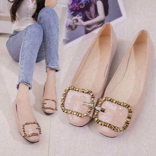 Spring simple rhinestone small square head comfortable flat bottom shallow mouth single shoes female lazy scoop shoes