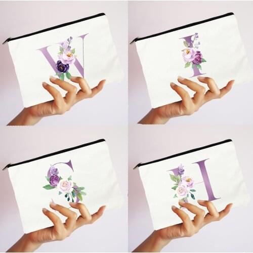 Purple Flowers Alphabet Womens Cosmetic Makeup Bags Harajuku Zipper Pouch Organizer Fashion Lipstick Storage Canvas Casual Bag