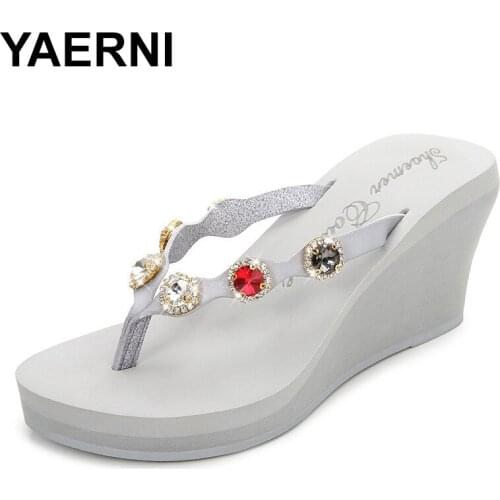 YAERNI Summer shoes woman platform sandals women casual soft leather wedge thongs crystal women flat shoes women slippers