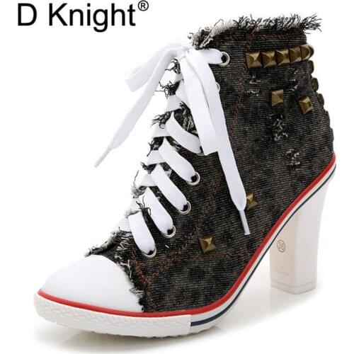 2018 Women Ankle Boots Lace Up Denim High Heel All Match Women Fashion Rivet Ankle Boots For Women Canvas Shoes Plus Size 34-40