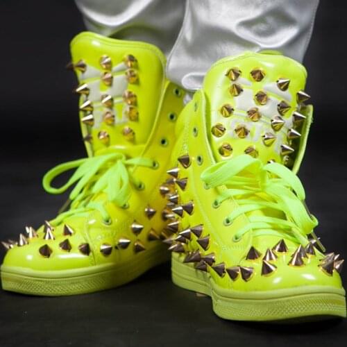Womens Studed Dance Sneaker Spike Rivet Boot Studs Punk High-Top Shoes Patent Leather Casual Motorcycle L857
