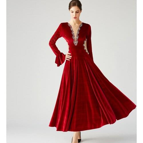 2021 Women Velvet Flying Sleeves Ballroom Dance Dress With Beads And Crystals Rhinestones