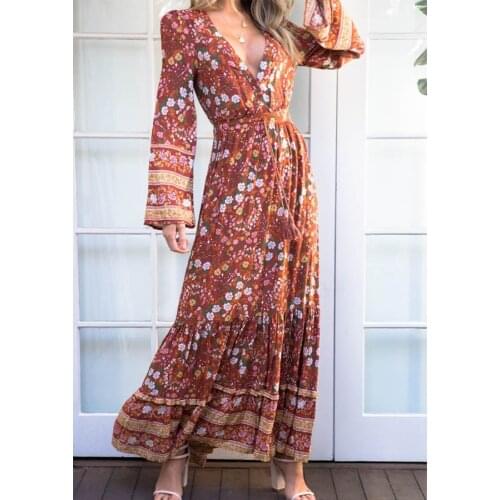 AYUALIN rayon cotton maxi women dresses sexy v-neck long sleeve orange floral print long dresses Autumn boho dress Vestidos 2020