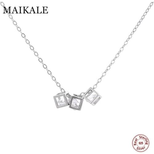 MAIKALE Luxury 925 Sterling Silver Necklace with 3pcs Square Cubic Zirconia Pendants Necklaces for Women Party Jewelry Gifts