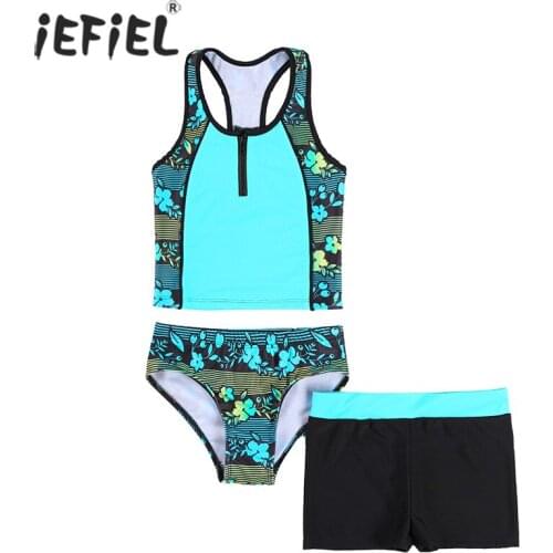 3Pcs/Set Floral Print Kids Girls Swimwear Sleeveless Tankini Tops with Bottoms Summer Girls Swimsuit Beachwear Bathing Suit Set