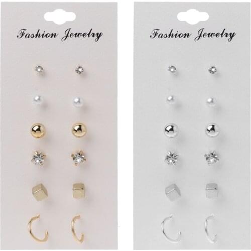 6 Pairs Pearl CZ Hoop Studs Irregular Geometric Assorted Stud Earrings Set Women E56A