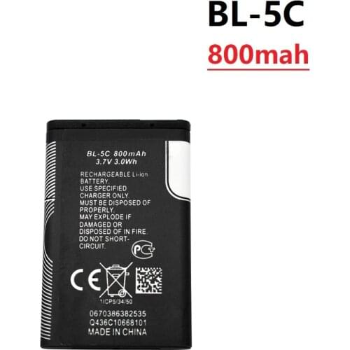 3.7V 800mAh Battery BL-5C BL5C BL 5C Rechargeable Batteries For Nokia 2112 2118 2255 2270 2280 2300 2600 2610 3125 3230 1pcs
