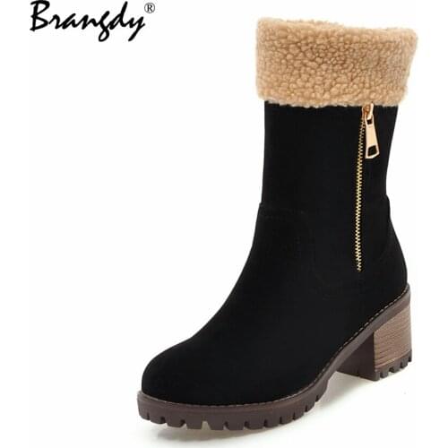 Brangdy 2021 Women Mid Calf Boots Winter Buckle Zipper Women Winter Boots Warm Fur Round Toe Square Heel Height Shoes Size 34-43