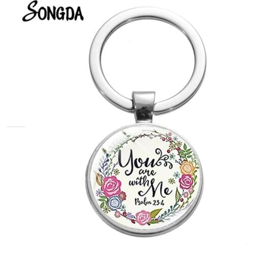 Bible Verse Keychain You Are With Me Psalm 23:4 Glass Round Pendant Bible Quote Faith Key Chain Christian Christmas Gifts