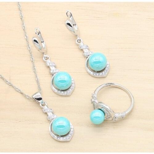 Dubai Silver Color Wedding Pearl Jewelry Sets For Women Birthday Blue White Pearl Earrings Pendant Necklace Bracelet Ring 4PCS