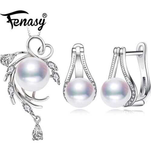 FENASY 925 Sterling Silver Jewelry Sets Natural Pearl Stud Earrings Custom Bohemian Crystal Pendant Chain Necklace For Women