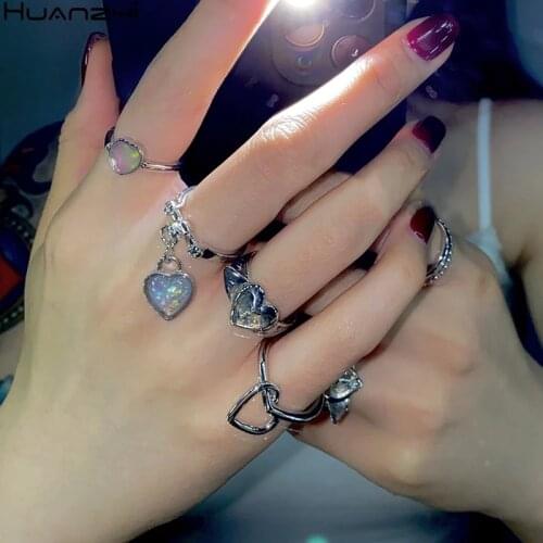 HUANZHI 2020 New Trendy Dangle Heart Belt Silver Color Plated Vintage Bead Butterfly Metal Rings for Women Girls Jewelry