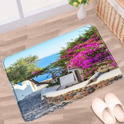 Flower Plant Scenery Bathroom Mat Retro Town Street Island Landscape Non-Slip Rug Floor Decor Bath Kitchen Entrance Aisle Carpet