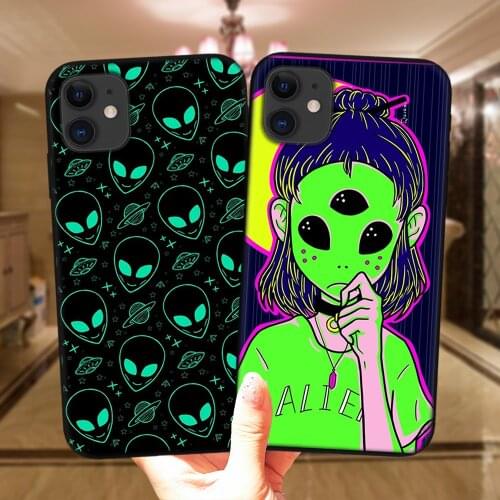Cute Alien Space Phone Case For iPhone 11 12 Pro Max XR X XSMax 6S 7 8 Plus 5S SE 2020 12Mini 12Pro Black Soft Silicone Cover