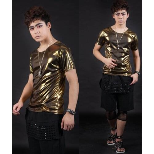 Fashion Male gold silver big o-neck Slim Short-sleeve T-shirt Nightclub Male singer DJ stage costumes mens performance wear