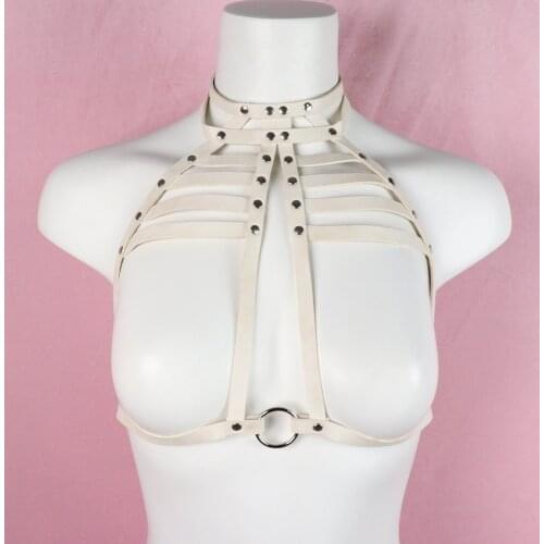 New Leather Harness Women White Body Bondage Chest Hollow Out Bra Neck to Waist Sling Sexy Lingerie Vest Gothic Festival Clothes