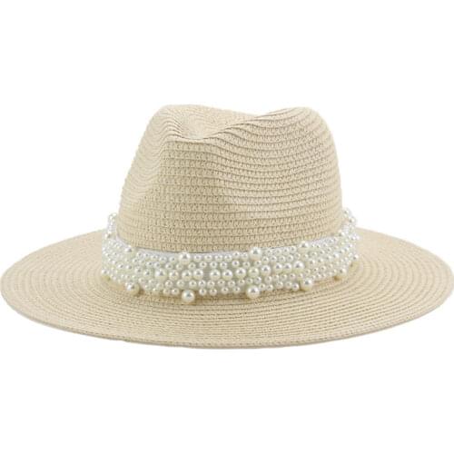 Sun hats women men summer spring round top wide brim with band belt pearl straw hats outdoor beach sun protective women hats new