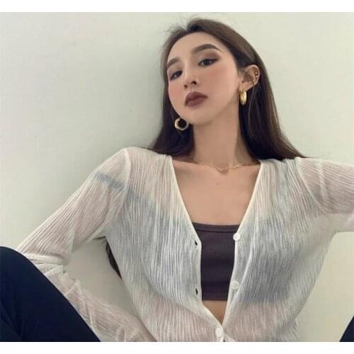 Sun-Protective T-Shirts With Long Sleeves Open Stitch Transparent Thin Woman Fairy Summer Clothes Fashion Crop Top Korean Tulle