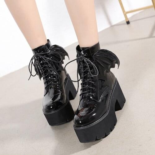 Woman Platform Boots Shoes Black Dropshipping Center Leather 2020 Women Demon Wings Female Footwear Womens Thick Bottom Ladies