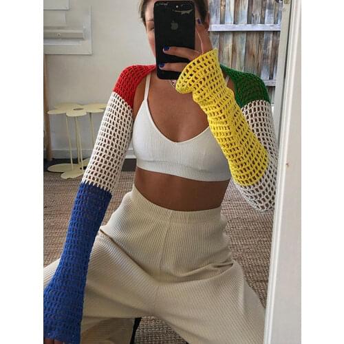 Tossy Women Hollow Out Knitted Shrugs Cropped Top Long Sleeve Knitwear Pullover Sexy Summer Beach High Street Outerwear 2021