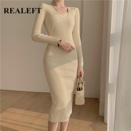 REALEFT Autumn Winter 2021 New Elegant Knitting Wrap Dresses Long Sleeve Square Collar Office Lady Sheath Sweater Dresses Female