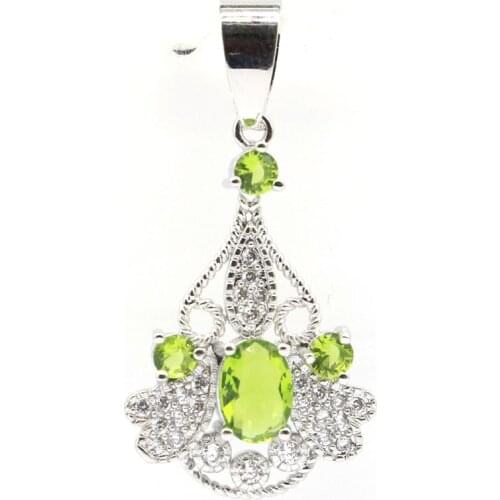 33x17mm Romantic Created Green Peridot White CZ Womans Making Jewelry Silver Pendant