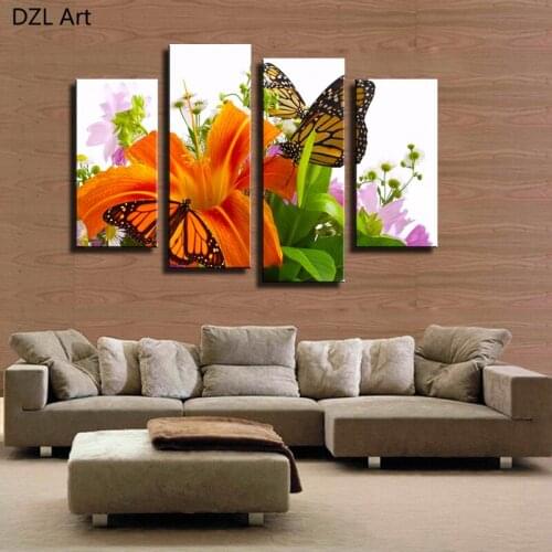 4 Panel(No Frame)Butterflies and flowers Picture Wall Decor Print on Canvas Oil Painting Canvas Painting for Christmas Gift