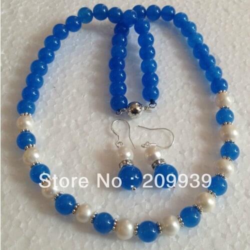 White Akoya Cultured Pearl/Blue Jade Round Beads necklace earrings Set