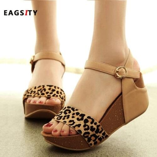 EAGSITY Leopard Wedges Sandals shoes Platform Ankle Strap peep toe wmoen High Heel sandals