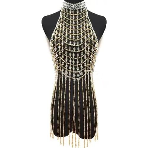 Luxury Crystal Shoulder Chain Handmade Bead Body Chain Sexy Dress Pearl Mesh Fringe Street Pat Breast Chain for Women Jewelry