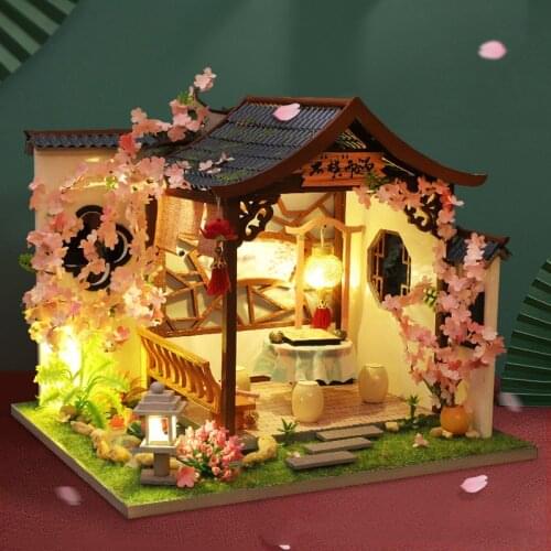 DIY Miniature Wooden Doll House Kit Assembled Furniture Japanese Casa Dollhouse with Cherry Blossoms Toys for Adults Xmas Gifts