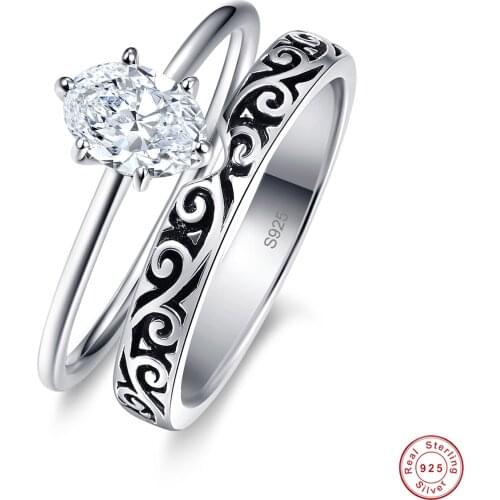 Womens 2 Pieces Bridal Rings Vintage Engrave Flower 925 Sterling Silver Ring 1ct Oval Diamond Ring