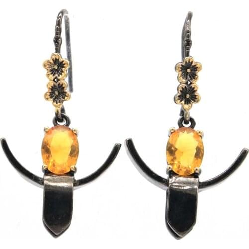 41x24mm Hiphop Anchor Jewelry Set 8.4g Created Golden Citrine Blue Topaz Gift Black Gold 925 Sterlings Silver Earrings Pendant