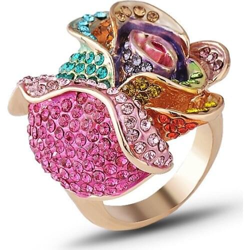 Exaggerated Colorful Rhinestone Rose Shaped Rings for Women Girls Party Jewelry