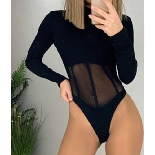 Patchwork Summer Bodycon Turtleneck Body Short Sleeve Bodysuit Women Transparent Mesh Sexy Kintted Bodysuits Party Slim G2134